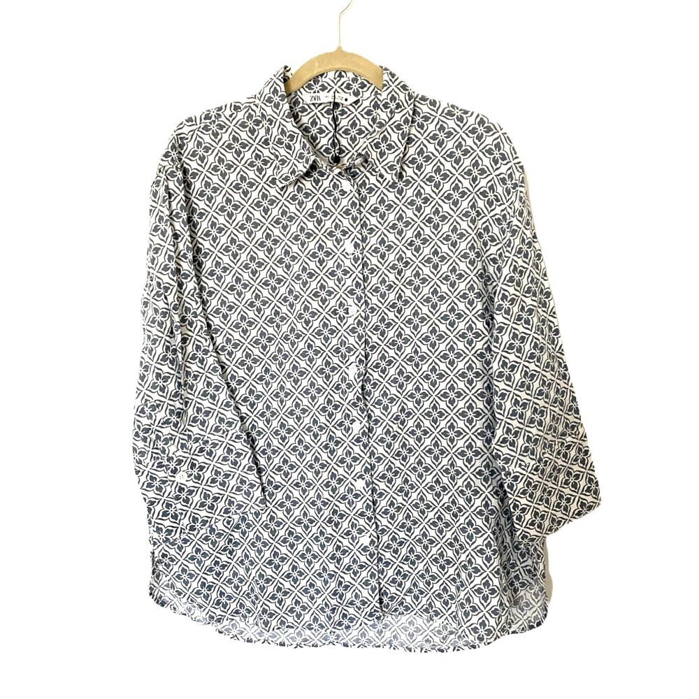 Zara Linen Blouse 3/4 Sleeve Button Front Print Shirt Womens Chic Top Sz L